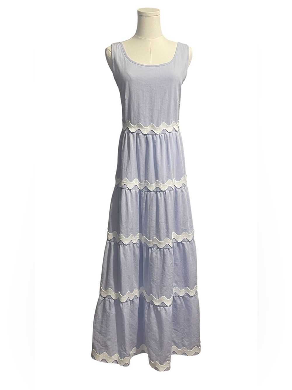 Sleeveless light blue Maxi Dress with White Scallop Trim